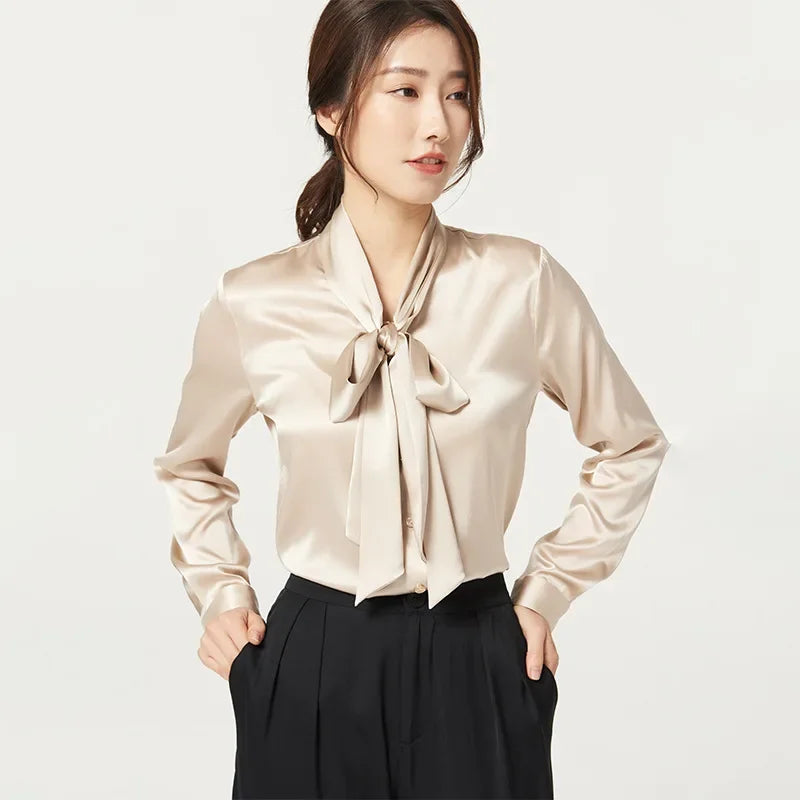 Heavyweight Mulberry Silk Shirt Women's 2025 Spring And Autumn New Long Sleeve Satin Silk Blouse V-neck Bow Ribbon Shirt