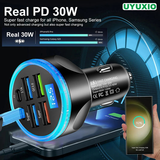 UYUXIO Multi Port USB C Car Charger Adapter with Voltage Display PD 30W Super Fast Charging 6 in 1 for MacBook iPhone Samsung.