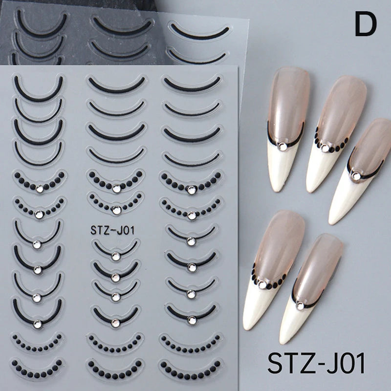 French Tips Nail Sticker 5D Embossed Crystal French Nail Decals Gold Silver Black Line Design Adhesive Slider Nails Art.