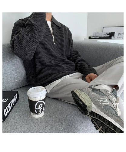 Half Zipper Sweater Men's Autumn and Winter Japanese Retro Korean Lapel Sweater Loose Casual Thread Trend