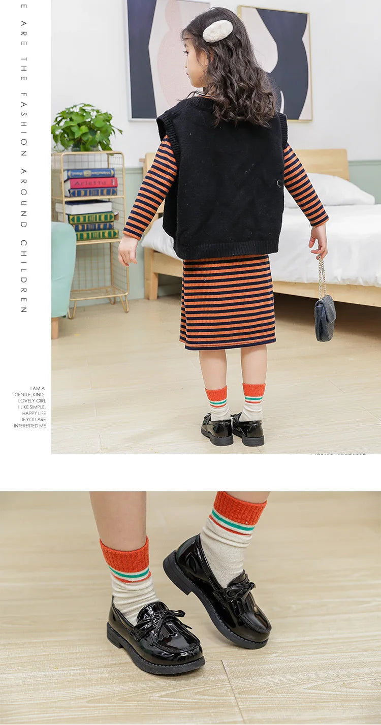 Girls Casual Leather Shoes Kids Flats Tassels with Bow-knot British Style Soft Slip-on Loafers for Wedding Party Bright Skin New.