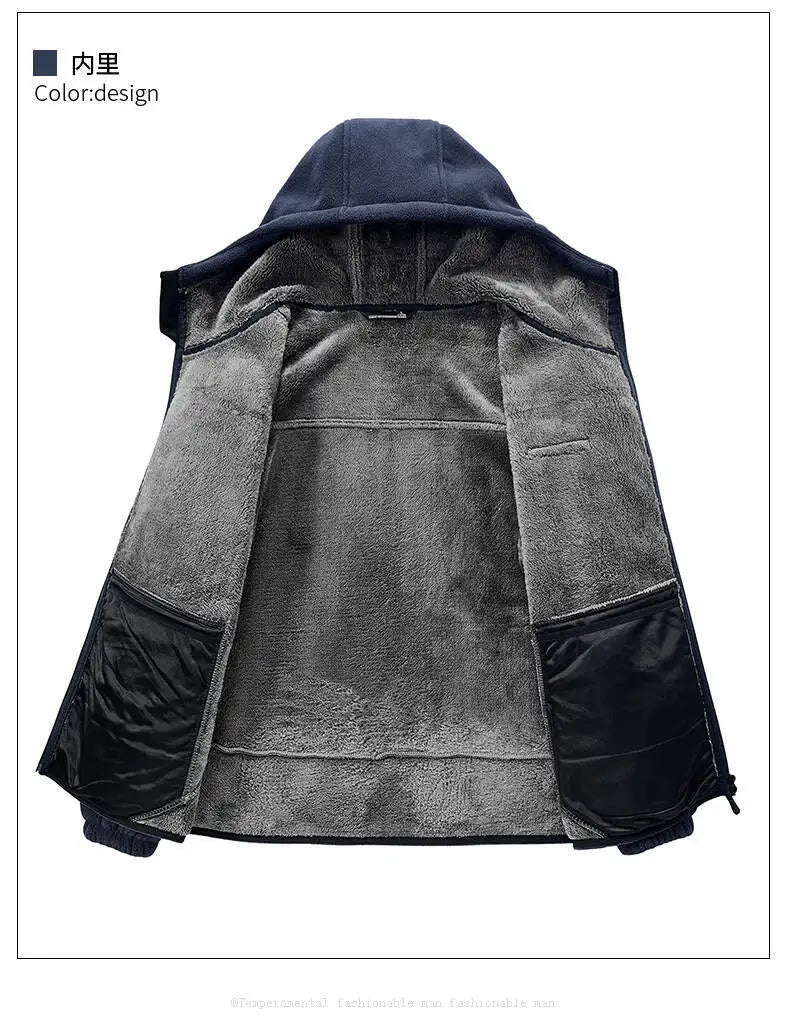 Men's Outdoor Sport Hooded Sweatshirt Jacket Warm Fleece Liner Windproof Softshell Inner Polar Fleece Coat with Zipper & Pockets.