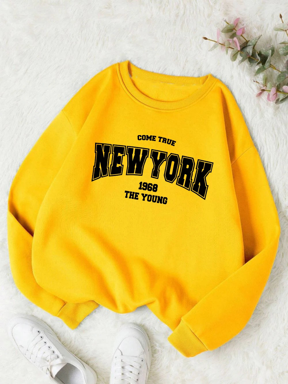 New York 1968 Women Sweatshirt Black Letter Print Sporty Hoodie Winter Casual Fleece Pullover Crewneck Red Hoody Street Clothing.