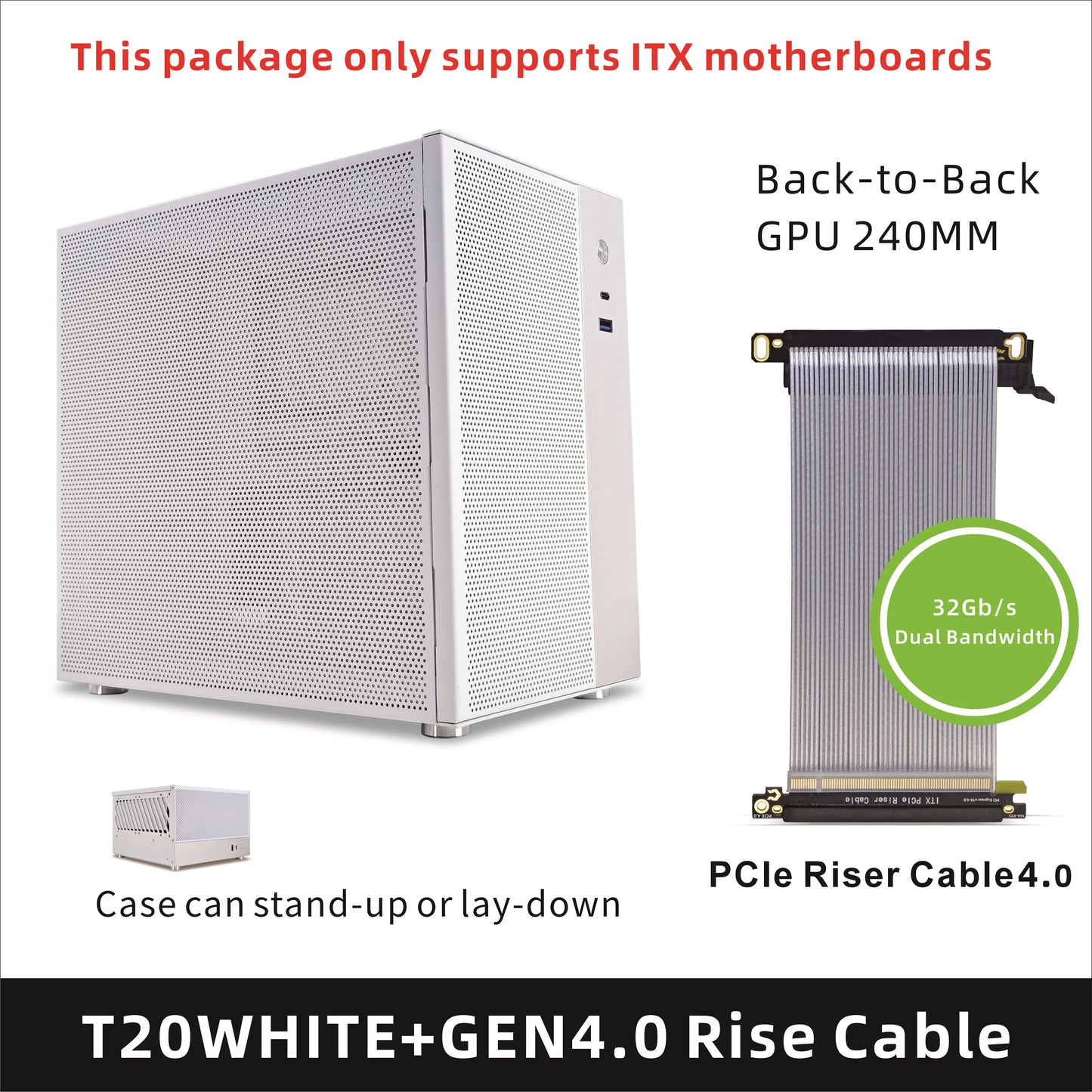 METALFISH T20 Mini ITX White Case 9L Compact PC Chassis Support Flex PSU/240mm GPU/100mm Cooler/180 Liquid Cooler