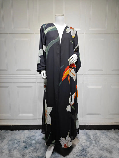 Uni Dubai Fashion Floral Print Open Abaya Muslim Elegant Cardigan With Hijab Scarf 2025 Feminine Clothes.