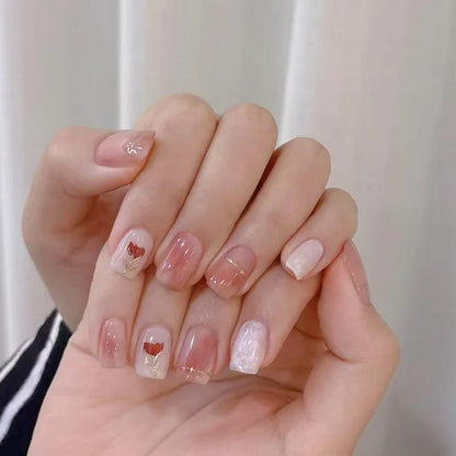 24Pcs Medium Short Square False Nails Glittering Nail Art White Wearable Fake Nail Silver French Full Cover Press on Nail Tips.