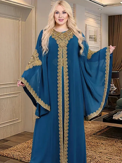 Partykleider für Frauen, Abaya, muslimischer Kaftan, 2-teiliges Set, Eid-Flare-Ärmel, Robe, bestickt, goldene Spitzenkleid, Anzug, Jalabiya Ramadan.