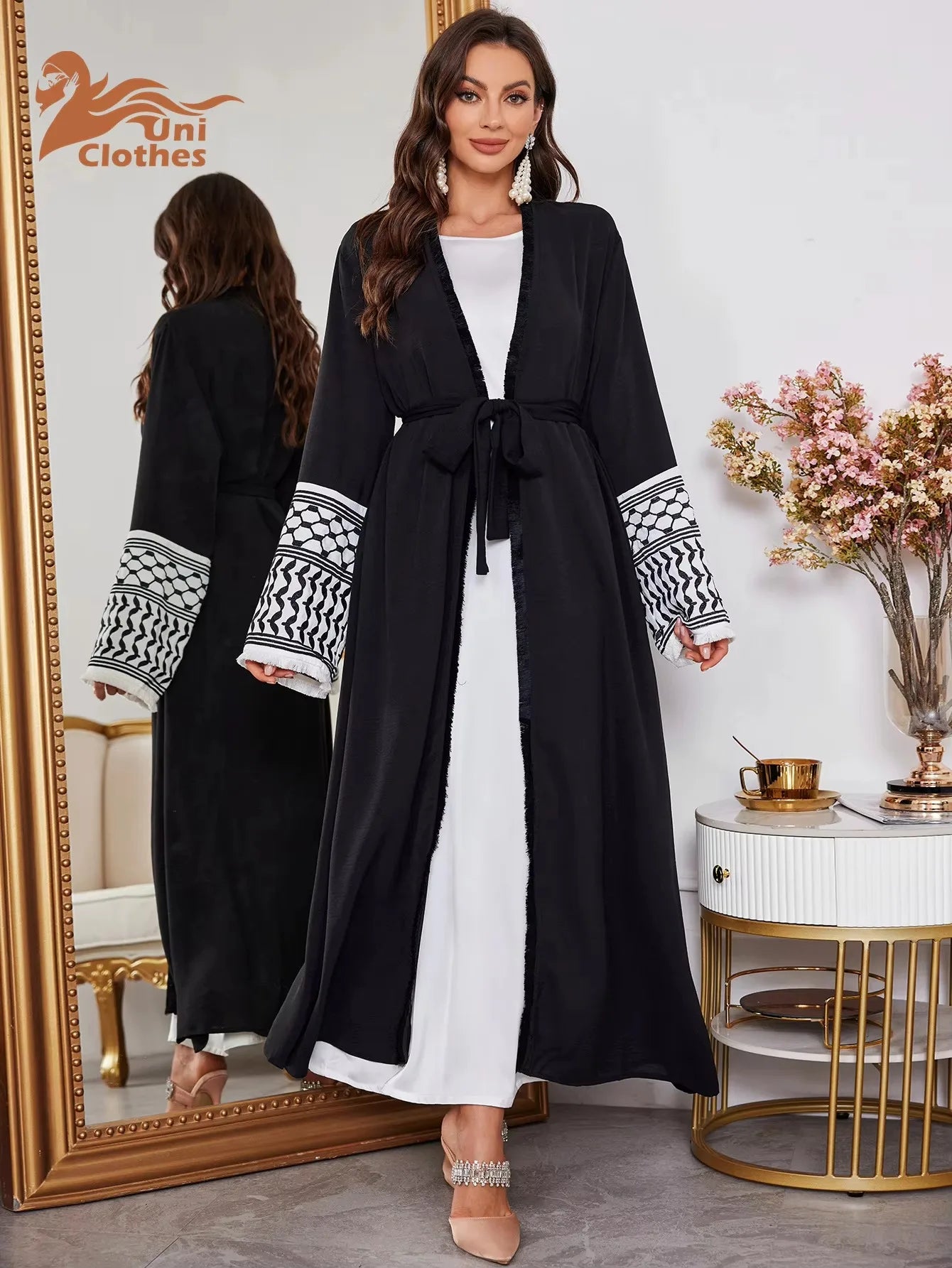 UNI 2024 Ramadan Abaya Kimono Keffiyeh Stickerei Quasten Muslimischen Offene Abayas Frauen Dubai Luxus Islam Strickjacke Kleid Kaftan.