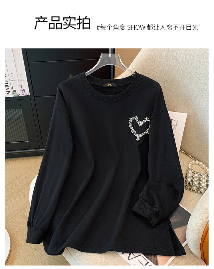 150 kg Übergröße Damen Büste 155 Frühling Herbst Lose Sweatshirt mit hellem Diamantherz Schwarz 5XL 6XL 7XL 8XL 9XL.