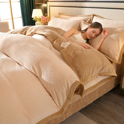 2025 new light luxury high gram weight carved fleece milk fleece bed sheet four-piece set thickened warm bedding winter