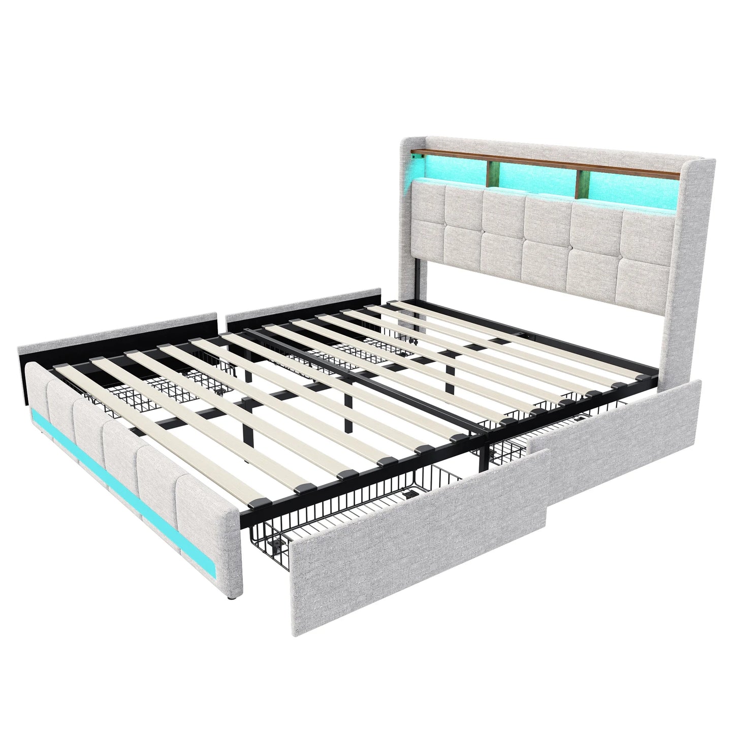 Lazyspace Bettgestell aus Leinen mit Stauraum, gepolstertes Bett mit 4 Schubladen, LED-Licht und USB-Aufladung vom Typ C, Schlafzimmermöbel