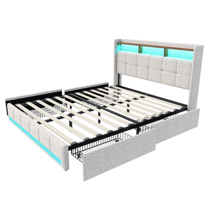 Lazyspace Bettgestell aus Leinen mit Stauraum, gepolstertes Bett mit 4 Schubladen, LED-Licht und USB-Aufladung vom Typ C, Schlafzimmermöbel