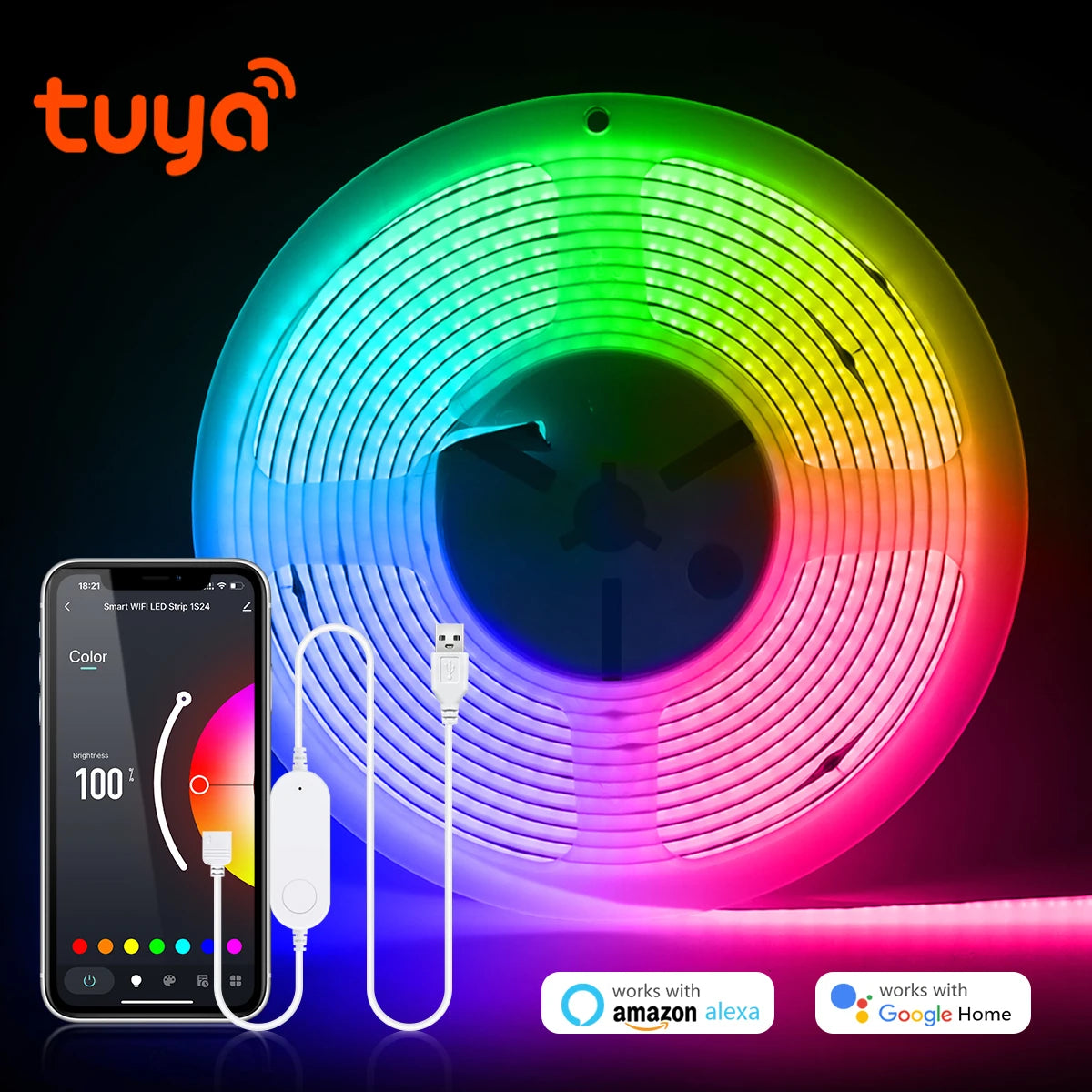 Tuya Wifi RGB /White/Warm White COB LED Strip Light Silica Gel Tube Tape Linear Dimmable Lighting work with Alexa Google Home.