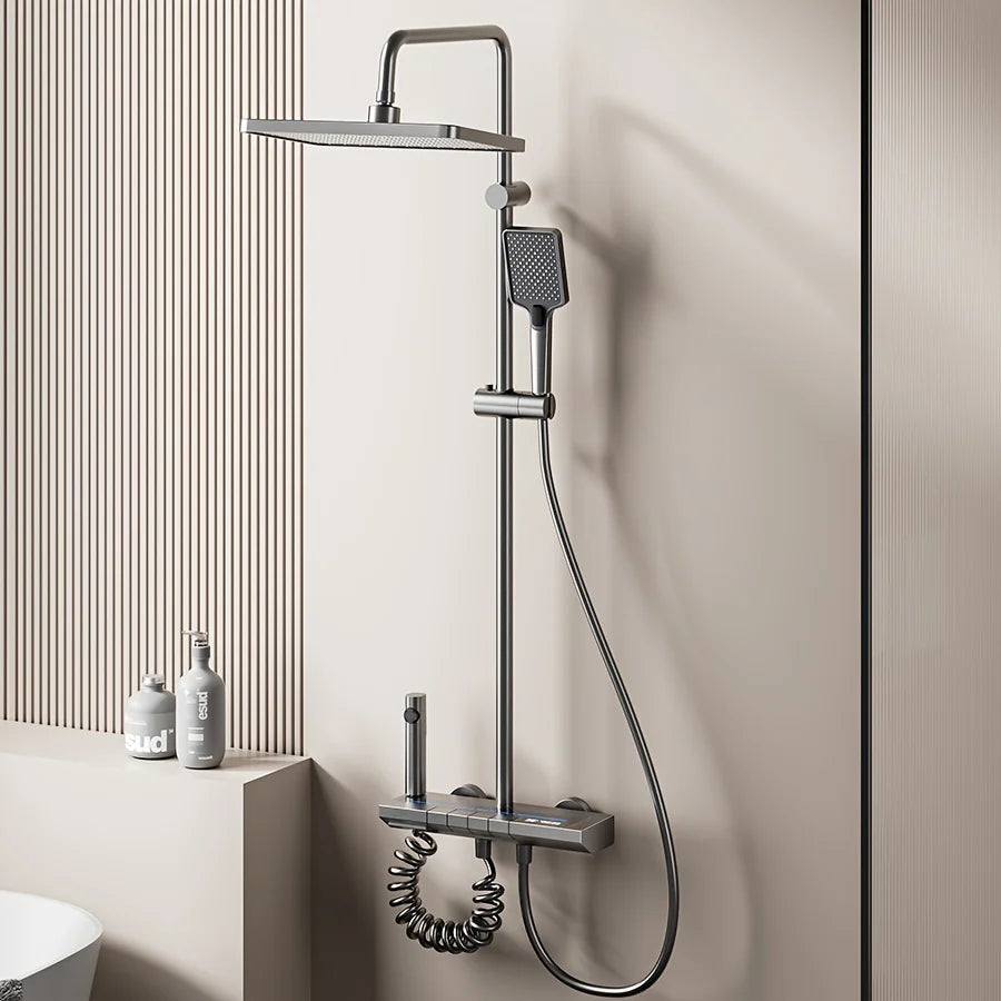 Bathroom Luxury Shower System with Tempered Glass Piano Key Smart Digital Display Thermostat Mixer Shower Faucet Full Set
