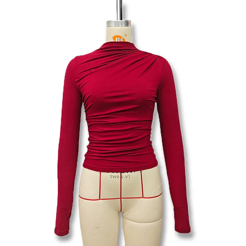 2025 Autumn Solid Color Folds Turtleneck Slim T Shirt Women Long Sleeves Bottoming Shirt Ladies Tee Shirt Tops Camisetas Mujer