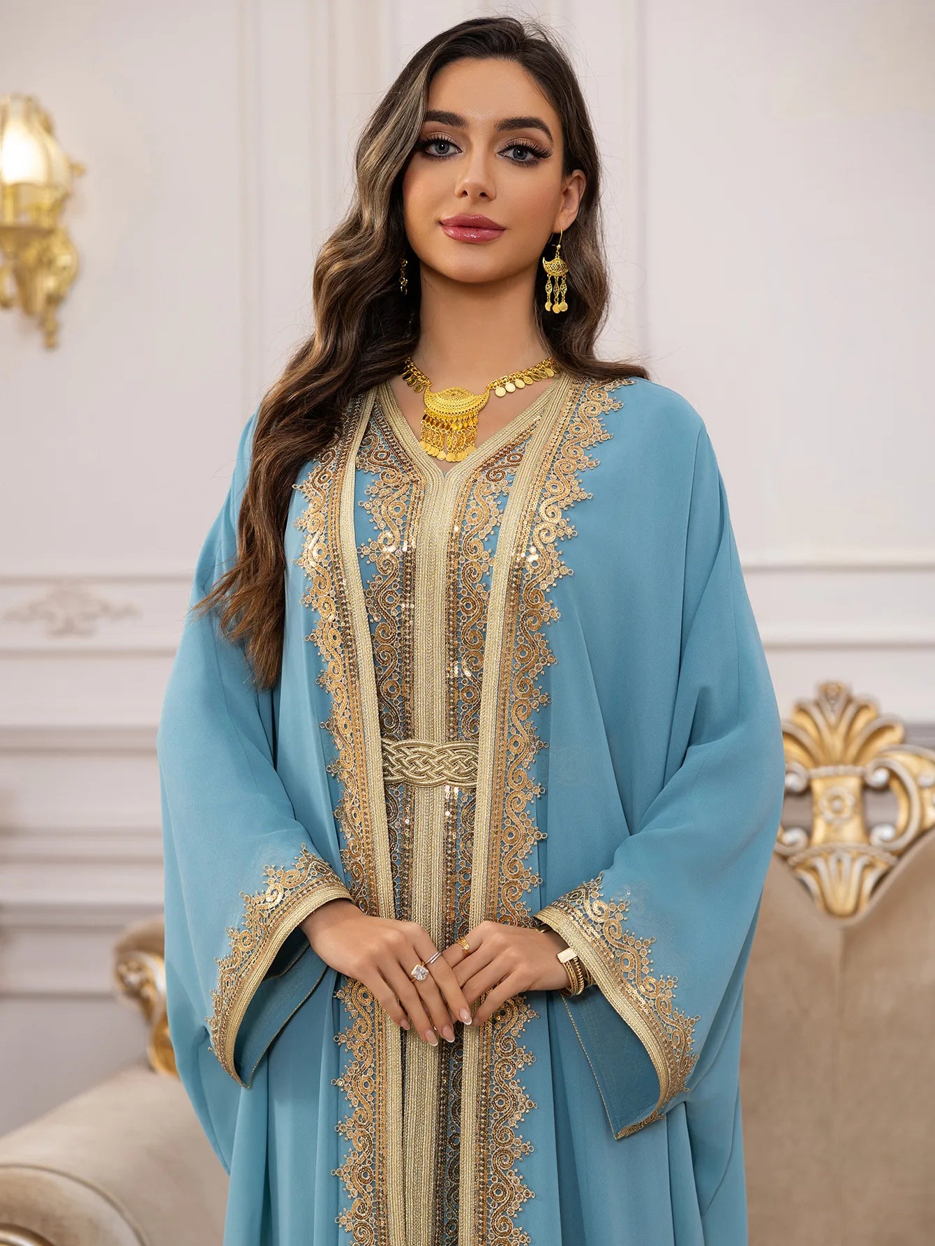 Eid Frauen Abaya Kleid Muslim 2-teiliges Set Strickjacke mit Innenkleid Schnürmantel Kaftan Robe Jalabiya Ramadan Marokko Kaftan 2025.