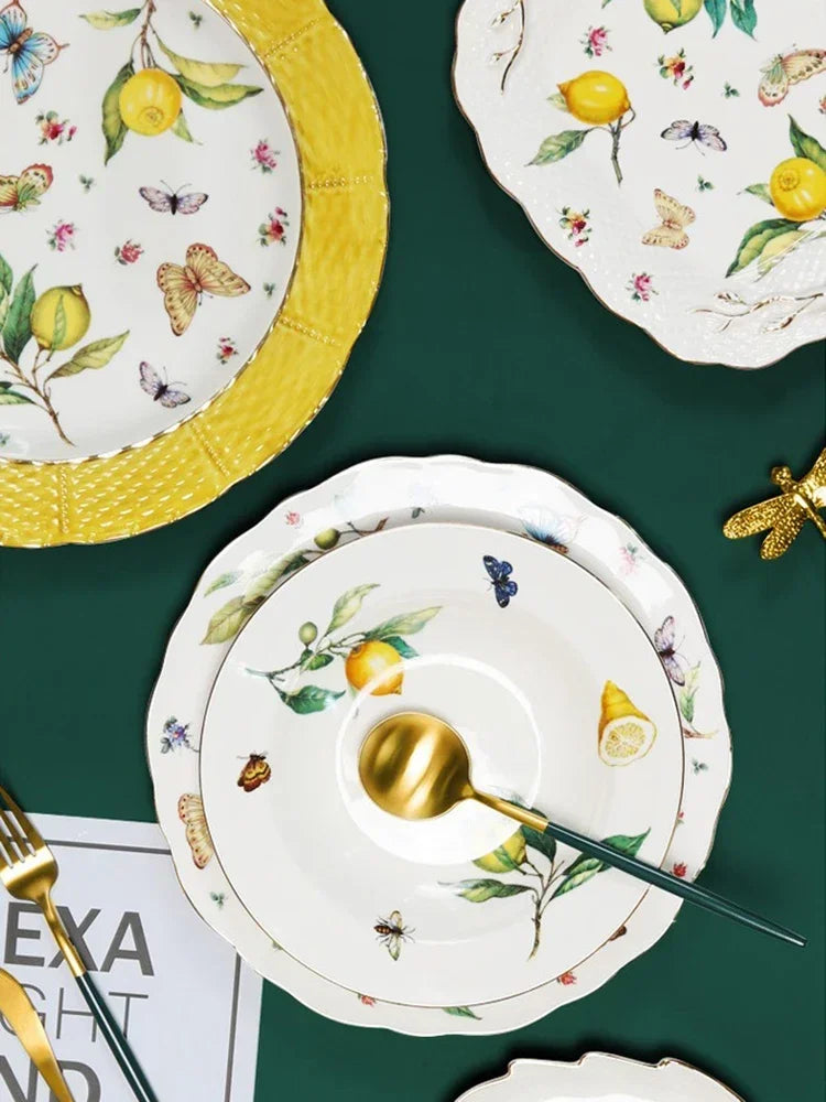 Europeanc Style Ceramic Dining Plate Elegant Lemon Pattern Dinner Steak Plate Coffee Cup Set Western Cuisine Dessert Plate.