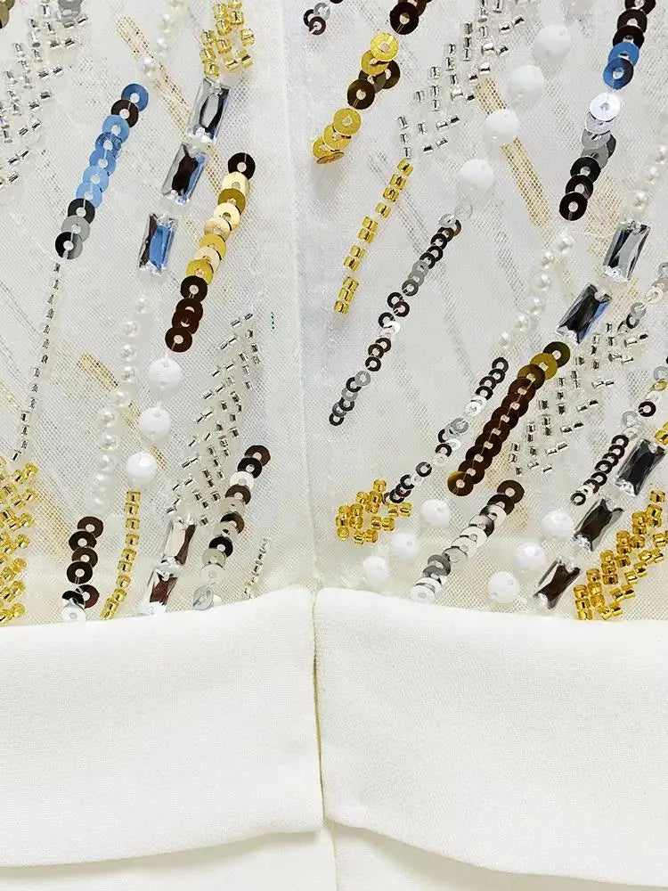 HIGH STREET Newest 2024 Designer Runway Fashion Women's Mesh Splicing Sequin Diamonds Beaded Jumpsuit.