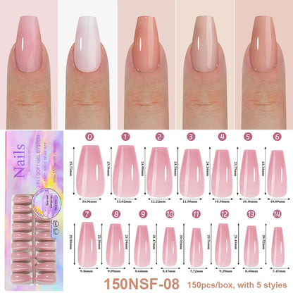 150Pcs/Box Acrylic Press on Nails Full Cover Fake False Tips Soft Gel Extension T-shaped Oval Capsule Almond Sculpted Salon DIY