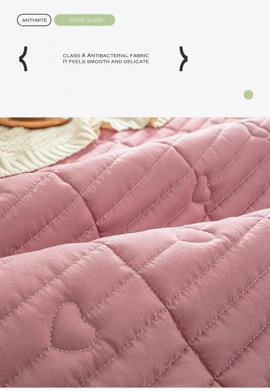 Washed cotton quilted thicken mattress pink romance heart sleeping mat 150cm bed sheet bed protection pad queen king size.