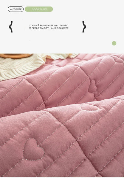 Washed cotton quilted thicken mattress pink romance heart sleeping mat 150cm bed sheet bed protection pad queen king size.