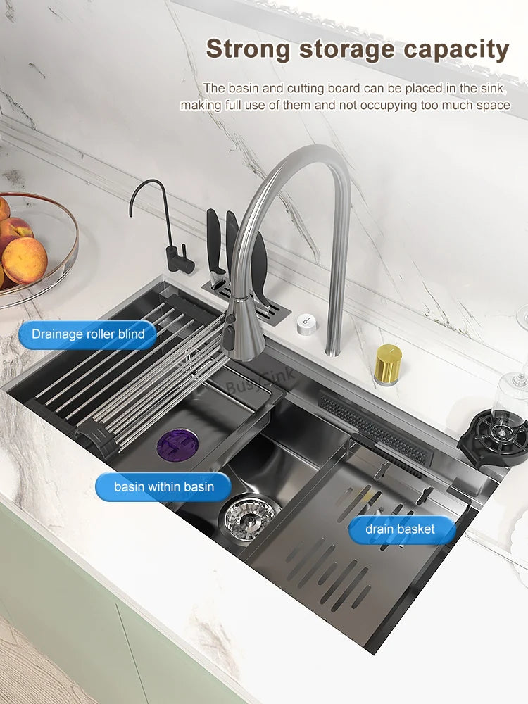 Küchenspüle aus Edelstahl mit Wasserfall, großer Einzelschlitz, multifunktionale Geschirrspülbecken, Unterbaubecken