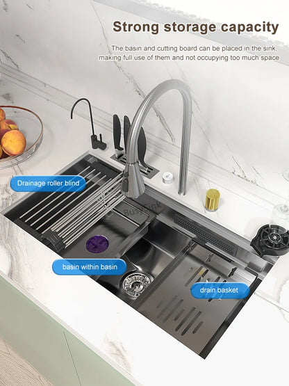 Küchenspüle aus Edelstahl mit Wasserfall, großer Einzelschlitz, multifunktionale Geschirrspülbecken, Unterbaubecken