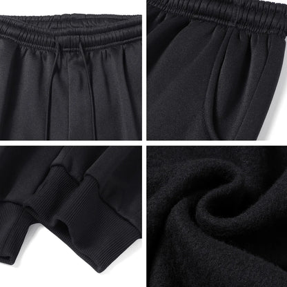 Men's fleece-lined ankle-length pants, autumn and winter drawstring waist sports sweatpants, with leather label running pants.
