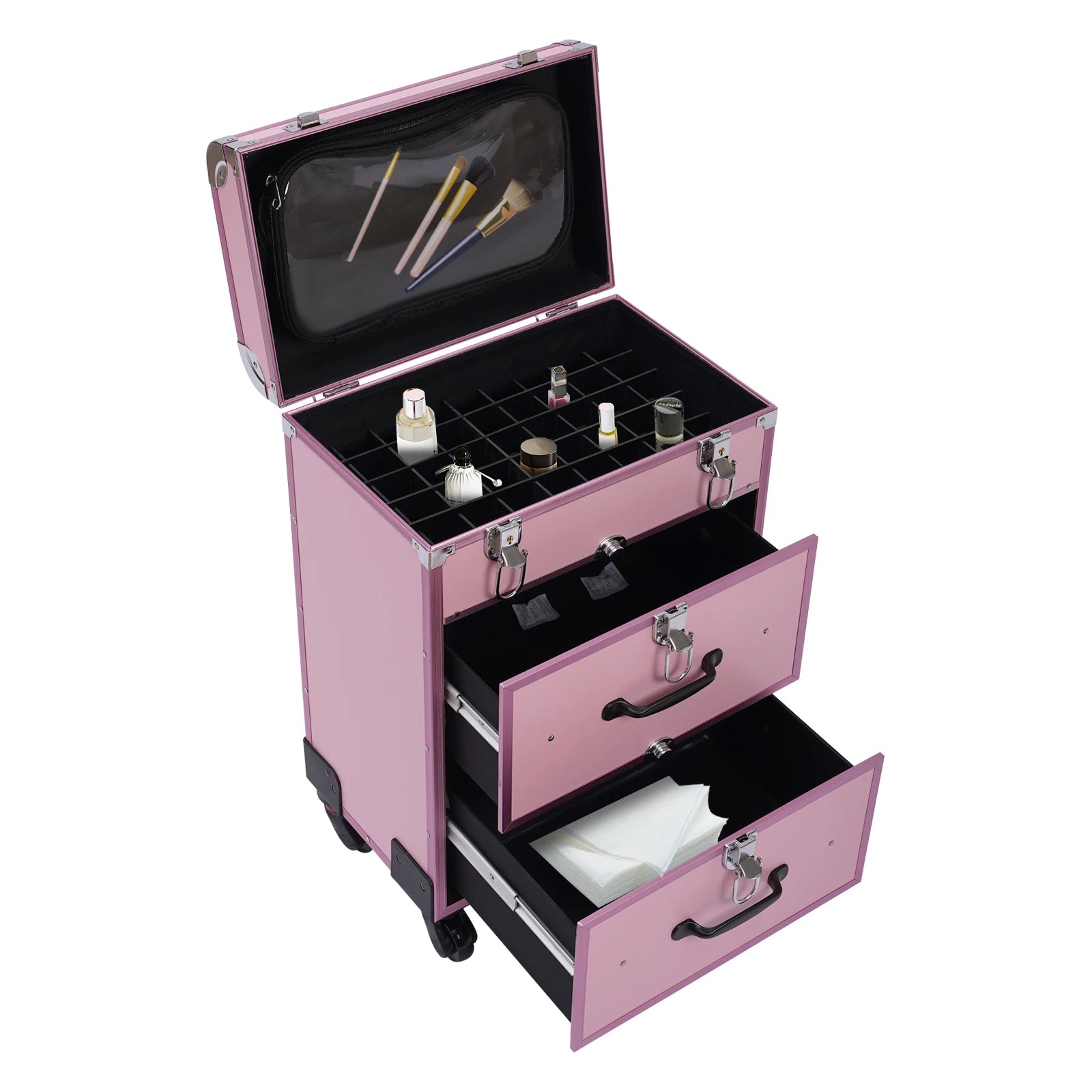 3 in 1 Rolling Makeup Case with Drawer, Large Makeup Case Organizers, Profesional Cosmetic Case for Salon Barber, Light Pink.