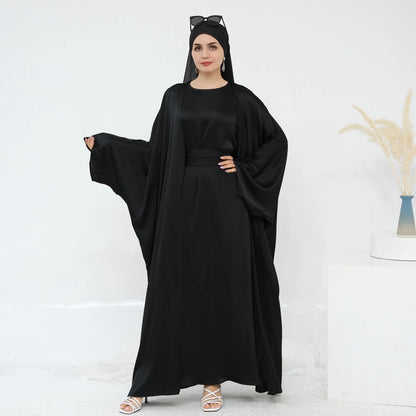 Two Piece Arabic Outfit Set for Muslim Women Elegant Modest Abaya Dress with Inner Ramadan Islamic Coat New Turkish Kaftan Robe.