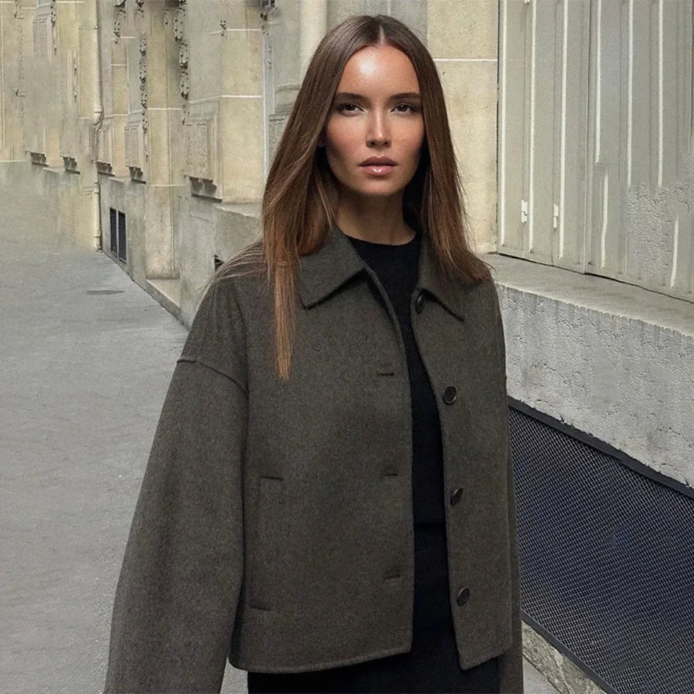 Woolen frauen Jacke Elegante Lose Langarm Turndown Einreiher Weiblichen Mantel 2024 Winter Mode Casual Dame Mantel.