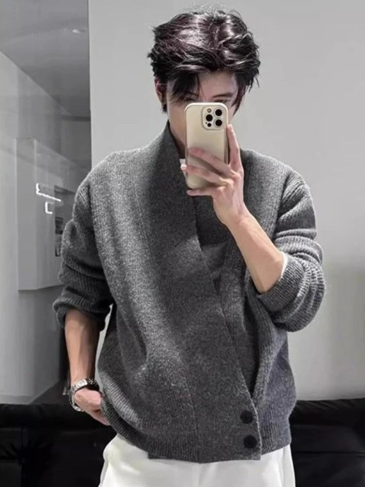 Men's Clean Fit Loose Knit Cardigan - Autumn Winter Ash Gray Relaxed Fit Dao-Style Sweater, Cozy Oversized Outerwear.