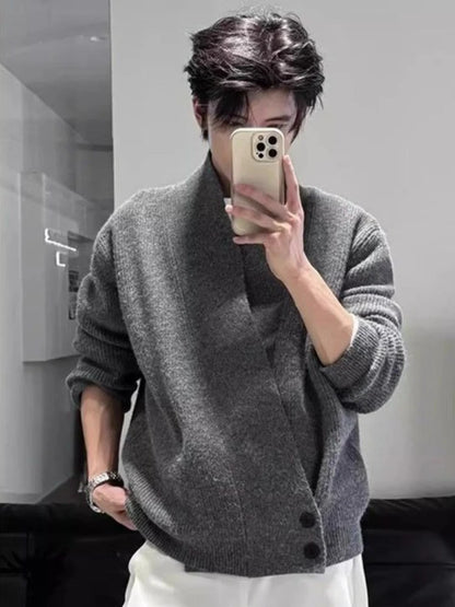 Men's Clean Fit Loose Knit Cardigan - Autumn Winter Ash Gray Relaxed Fit Dao-Style Sweater, Cozy Oversized Outerwear.