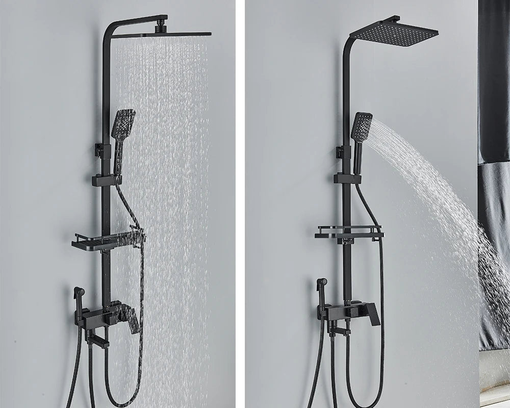 Rainfall Bathroom Shower Faucet Kit With Bidet Wall Mounted Stainless Steel Hot Cold Water Mixer Tap System With Rack,Tub Spout