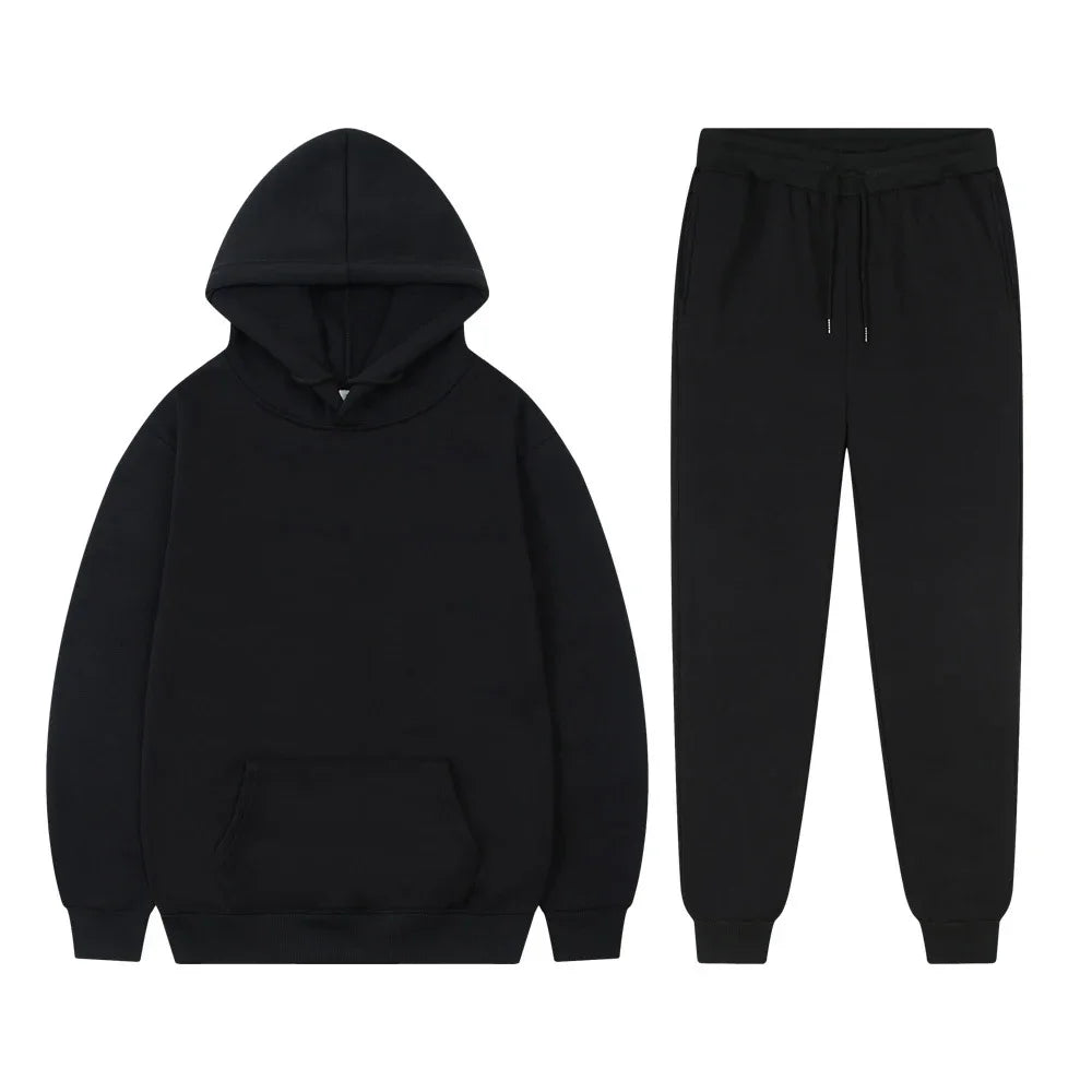 Men's Casual Tracksuit Autumn Fleece Warm Sweatshirts Sweatpants Suit Daily Sports Hooded Sweatshirts + Jogger Pants 2-piece Set.