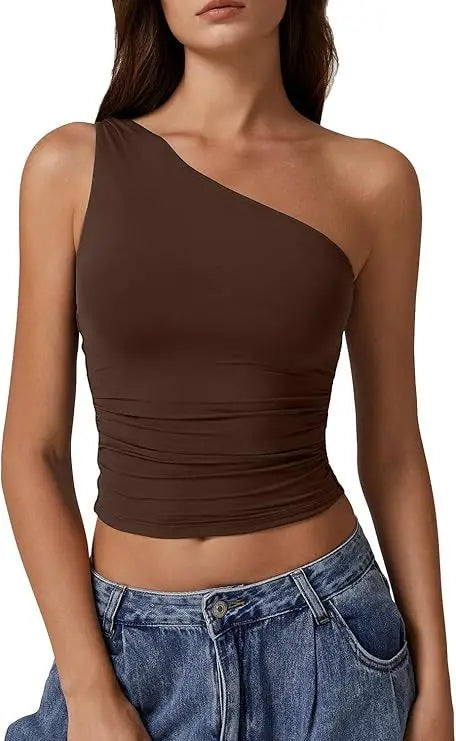 Womens One Shoulder Shirts Going Out Crop Tops Basic Sexy Slim Fit Y2K Tank Top Summer Fashion 2025.