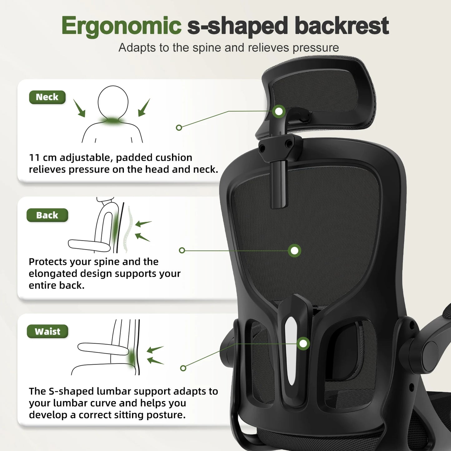 AUTHMIC Ergonomischer Bürostuhl, verstellbare Netzrückenlehne, verstellbare Lordosenstütze, hochdichter Schaumstoffsitz, Heimarbeitskomfort