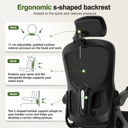 AUTHMIC Ergonomischer Bürostuhl, verstellbare Netzrückenlehne, verstellbare Lordosenstütze, hochdichter Schaumstoffsitz, Heimarbeitskomfort