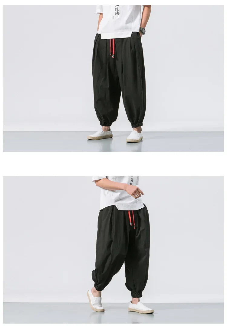 New Trendy Men Harem Pants Loose Oversized Style Cotton and Linen High Quality Jogger Sweatpants Casual Male Trousers