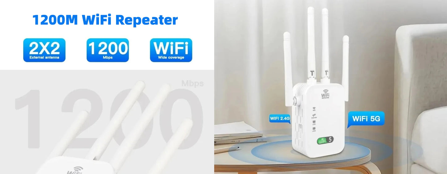 1200Mbps Wireless WiFi Repeater WIFI Range Extender WiFi Signal Booster 5G 2.4G Dual-band Network Amplifier WiFi Router.