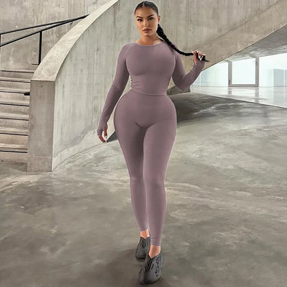 Hugcitar Pure Color Long Sleeve Crop T-Shirt Legging 2 Piece Matching Sets 2024 Spring Women Fashion Streetwear Sports Tracksuit