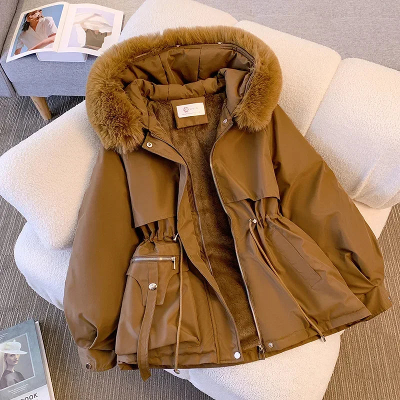 Neue frauen Baumwolle Gefütterte Plüsch Warme Mantel 2024 Herbst Winter Parkas Mantel frauen Lange Sleeve Zipper Mit Kapuze Kordelzug parkas.