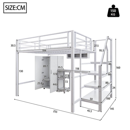 Merax Hochbett 140x200 cm mit Kleiderschrank Regalen Ablageleiter und Schreibtisch Weiß