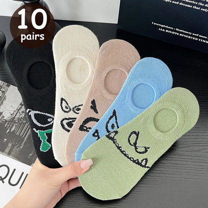 5 Pairs Women Cartoon Patterned Socks Trendy Versatile Breathable Sweat Wicking Deodorizing Antibacterial Comfortable Socks.