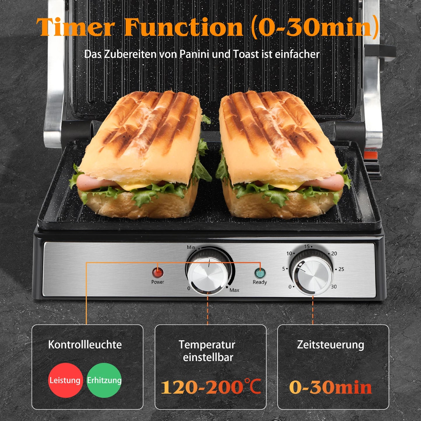 Aigostar contact grill, ceramic-coated, 30-minute timer. Panini grill and sandwich maker for sandwiches, steak, and toasters.