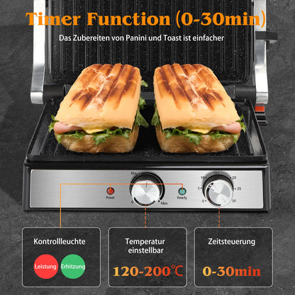 Aigostar contact grill, ceramic-coated, 30-minute timer. Panini grill and sandwich maker for sandwiches, steak, and toasters.