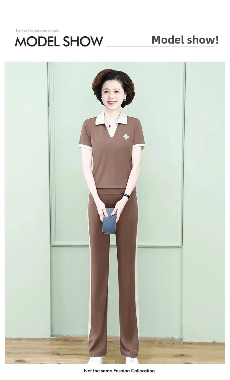 Casual Breathable Short Sleeve Sportswear Set for Middle-Aged Mothers Fashionable Summer Clothing Grandmother Style.