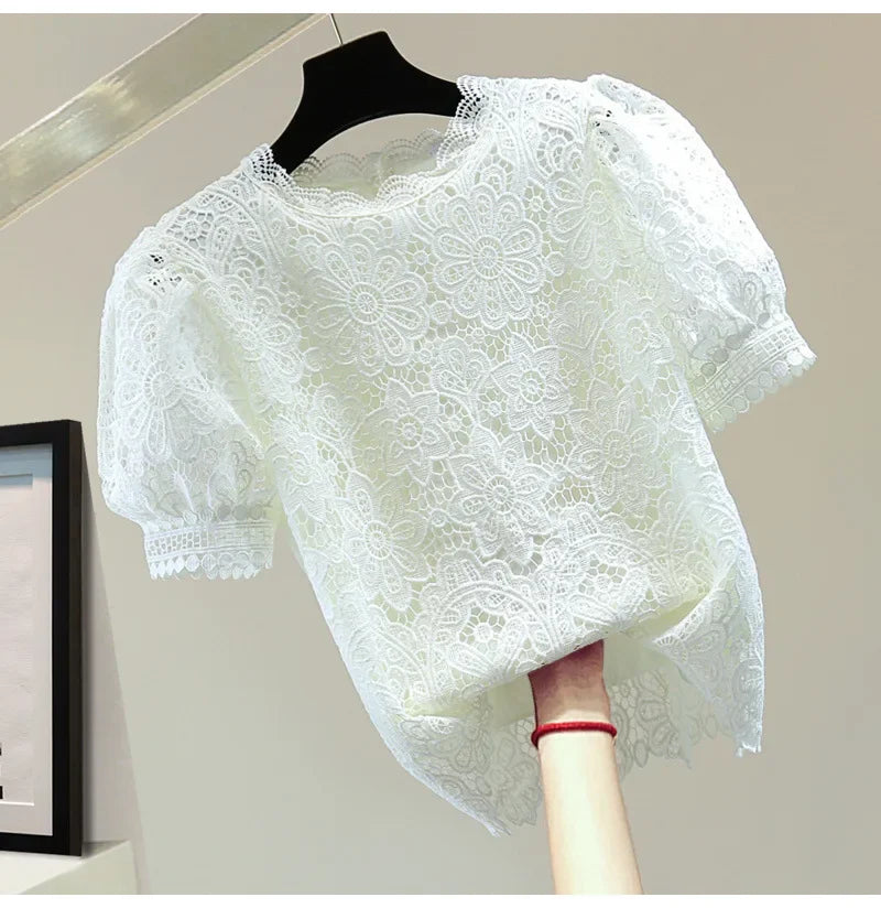 Loose Straight Korean Style Summer Top Pure Color Hooked Hollow out Ladies Lace Shirt Overhead Bubble Sleeve Women's Fashion.