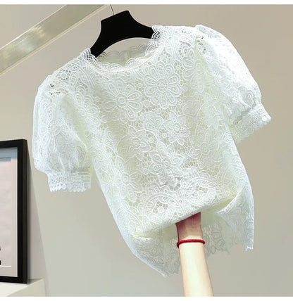 Loose Straight Korean Style Summer Top Pure Color Hooked Hollow out Ladies Lace Shirt Overhead Bubble Sleeve Women's Fashion.
