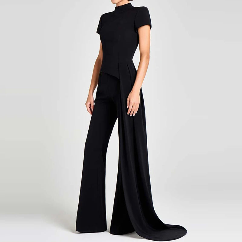 Women Elegant Commuting 2Pc Suit Fashion Stand Collar Solid Color Irregular Set Casual Short Sleeve Pullover & Long Pant Outfits.